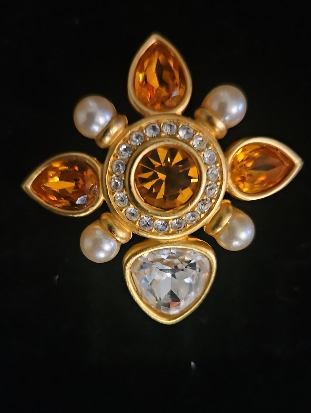 Swarovski Gold-Tone Citrine Crystal, Clear Crystal & Pearl Floral Brooch